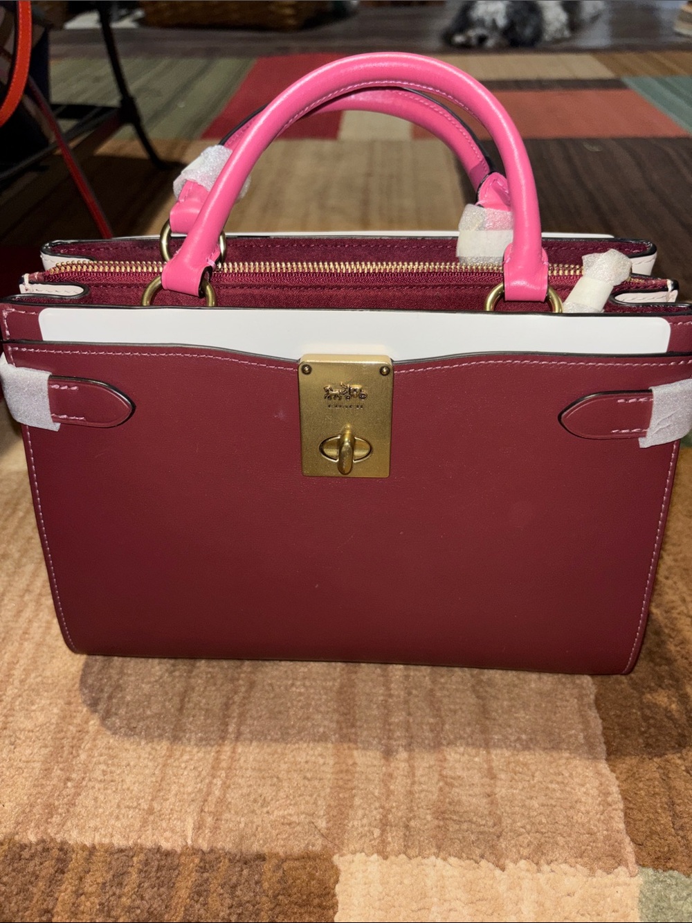 Coach Burgundy Satchel with Pink Top Handles